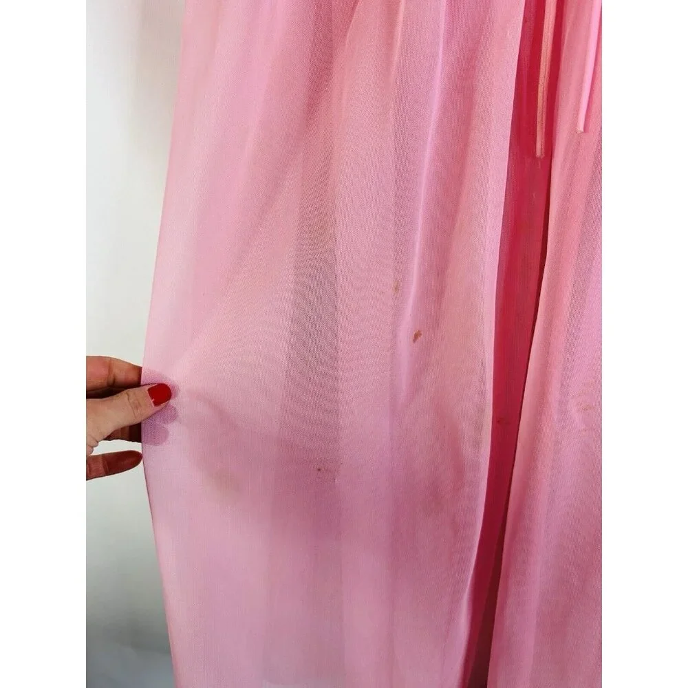 Vintage 60s Pink Nylon Chiffon Flowy Peignoir Gown USA  Fairy Angel - Picture 5 of 8